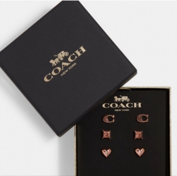 COACH BOXED 3 PAIRS SIGNATURE AND PAVE HEART EARRINGS SET IN ROSE GOLD TONE - Picture 1 of 2